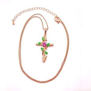Rose Gold Floral Cross Pendant Necklace